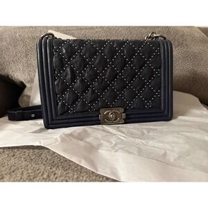Chanel Studded Boy Flap Bag New Medium Dark Navy Aged Ruthenium Hardware COA